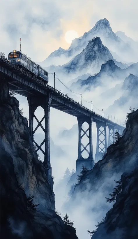 (masterpiece:1.2,Superior Quality,Mirror finish, Cinematic Experience, best illustration:2.0),8k,(Watercolor:2.0),(An old bridge shrouded in fog :2.0),(An old bridge is built in a mountainous area:2.0),( bridge over the mountainous area :2.0),( A freight t...