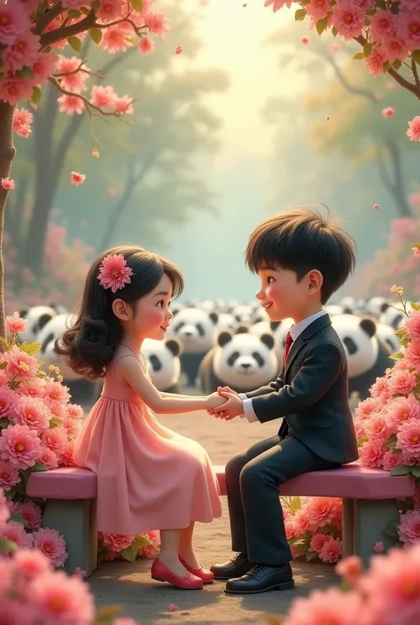  A girl sitting on a pink bench full of flowers next to a boy dressed in black who shakes hands with her , watching a lot of pandas playing  