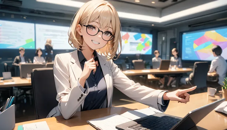  employee education seminar , Modern and bright conference room ,  wearing a professional suit , Wearing stylish glasses、 Confident Smile ,  speaking enthusiastically to the participants while operating a slim laptop,  pointing to colorful materials shown ...