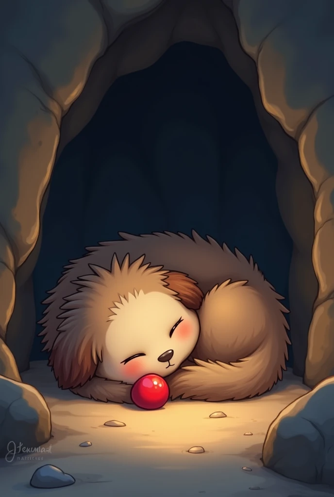 Generate an image clipart: Barnaby is curled up asleep in his cave.  A single, bright red berry rests on his paw. The cave is dark and peaceful, with soft, warm light coming from somewhere unseen.