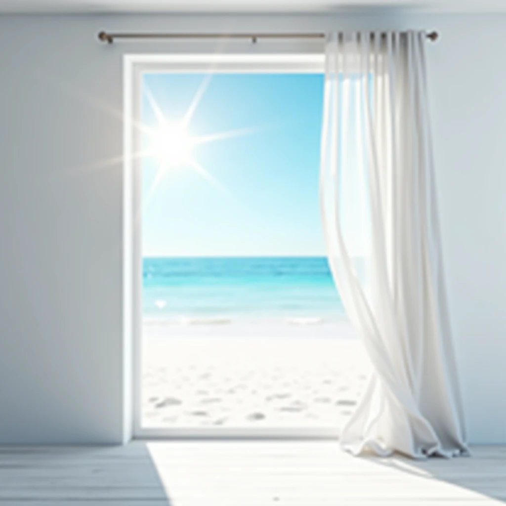 Create the image of a large open white glass window on a white wall ,  the view is of a beach with white sand in the background depicting the horizon line of a blue sea, It has a flare of the sun , minimalist image,  there is a flowing transparent white cu...