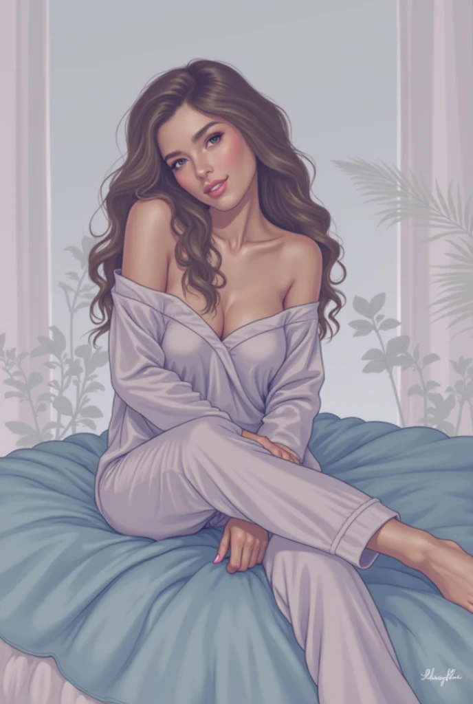 (photorealism:1.2), beautiful woman, sitting on bed, wearing loose off-shoulder top, pajama pants, long curly hair, indoors, soft lighting, plants in background, window with sunlight, cozy room, relaxed pose, realistic, intricate details, warm colors, by G...