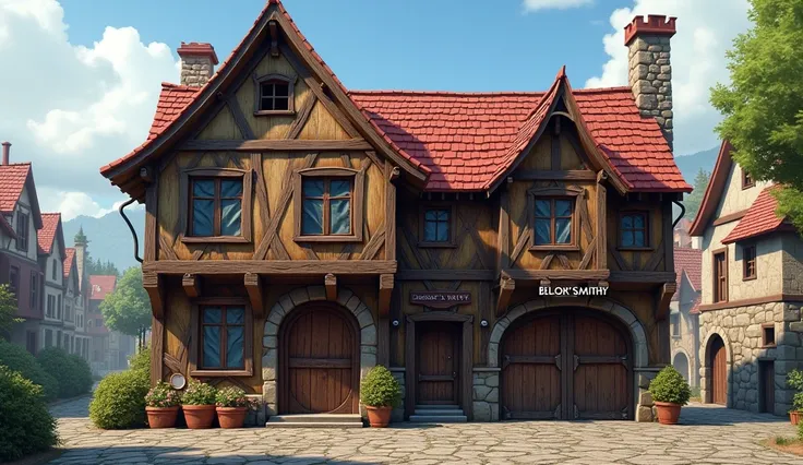 A connected steampunk medieval-style building with a two-story Doorless house and a one-story garage attached to its right side (Basically 2 conjoined house). The two-story house has no door, four round windows, and a red roof. The one-story garage is a bl...