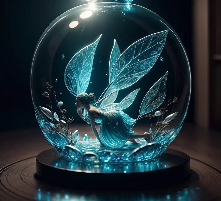  The masterpiece of glass sculpture ，There is a beautiful fairy inside，water，The light shines ，Fantastic， High Quality ， high detail， best quality ，，4K，8k，