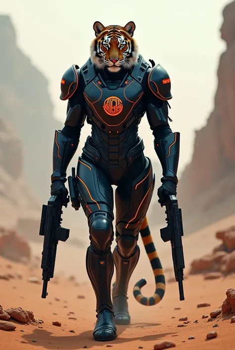 Image of a human-shaped tiger walking standing , wearing black futured armor with vermilion details , with a rounded future red shield on the chest written with the acronym RDA REIS BR neon blue on the chest shield, walking in a desert of the modern future...