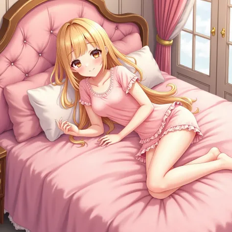 Character Mahiru Shiina , ,  a beautiful and charming girl ,  sweet smile ,  she is married Player ,rich luxury mansion , Character with golden hair and easy brown eyes ,  Wearing pink pajamas , luxurious pink room ,  lying on the bed Luxurious pink color ...