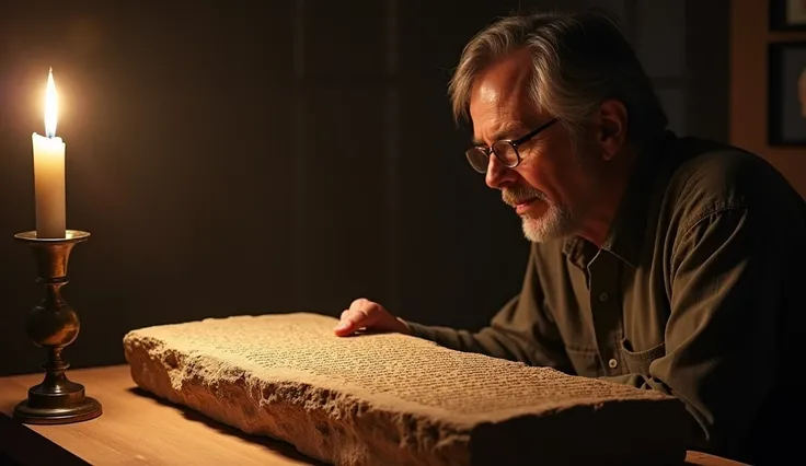 A realistic, ancient stone tablet with faded inscriptions, placed in a dimly lit museum room. A scholarly man, around 40 years old, with short gray hair, glasses, and fair skin, examines the tablet closely, with a thoughtful expression. Soft, warm light fr...