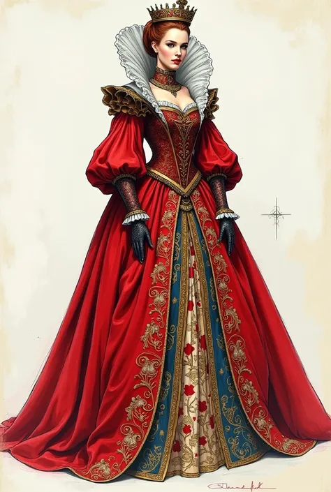 A SKETCH OF FEMALE COSTUMES, inspired by Renaissance fashion , For the Red Queen,  from Alice in Wonderland 