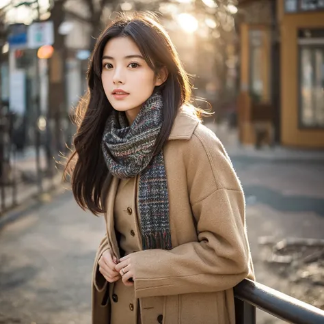 A hyper-realistic image of a single Japanese woman in her early 20s, captured with the nostalgic warmth and subtle graininess of a film camera. She is dressed in stylish winter attire, featuring options such as cozy knit sweaters, tailored jackets, long fl...