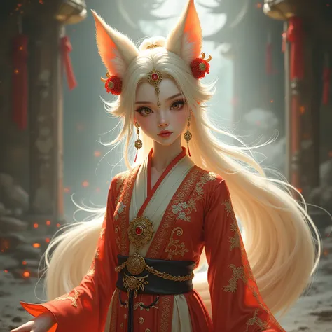  a female fox demon dressed in a Qing Dynasty Han costume，You need fox ears on your head ，I want a full body picture