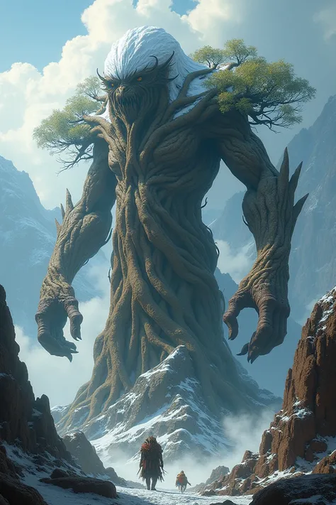 ,8A mystical creature formed by the fusion of a tree and a mountain, both combining into a single, powerful entity. The trunk of the tree merges into the rugged, rocky base of the mountain, with twisted branches growing from its peaks. The leaves and branc...