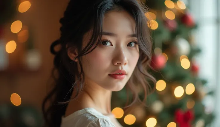 masterpiece,  best quality,  1 girl, beautiful asian beauty,  Beautiful Faces ,  christmas background , Blurred Eyes, Curly hair,  upper body