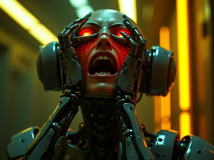 a diabolical half-robot android woman screaming in anger with robotic hands on her face only face and red eyes like robot and with yellow neon lights