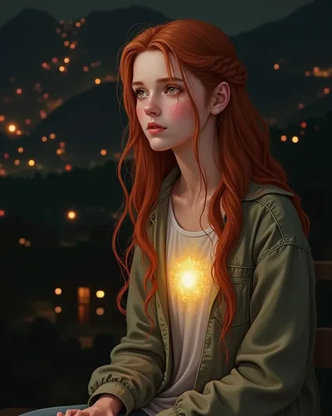  16-year-old red-haired girl sitting on a bench at the top of a neighborhood where she is with someone similar to her but with a different face, where her chest energizes an expected light and around her in the mountains there were lights of different colo...