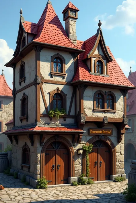 A connected steampunk medieval-style building with a two-story Doorless house and a one-story garage attached to its right side (Basically 2 conjoined house). The two-story house has no door, four round windows, and a red roof. The one-story garage is a bl...