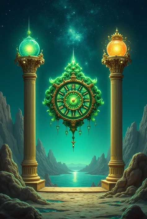 blue space with stars with a green clock in the middle next to two golden pillars that hold colored glass balls 