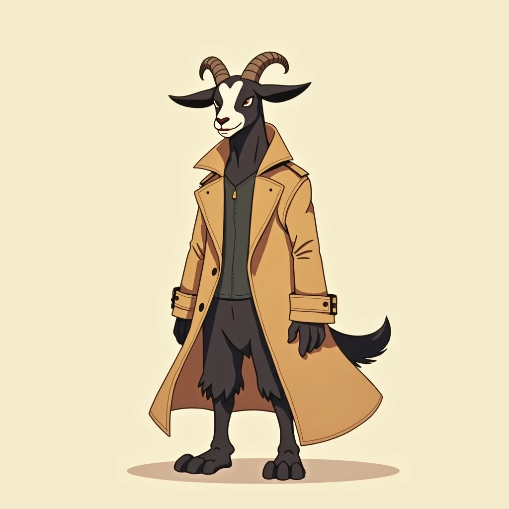 Full body pose, body of a goat-human like, wearing a trench coat, has hooves, in digital art cartoon anime style, flat colors only. 