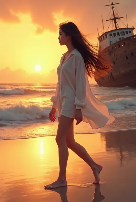 Beautiful girl walking away along a beach in a white shirt no pants with a ship wreck in the background with a sunset