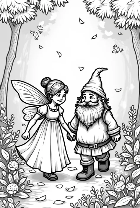  fairy walking together with the dwarf for coloring book