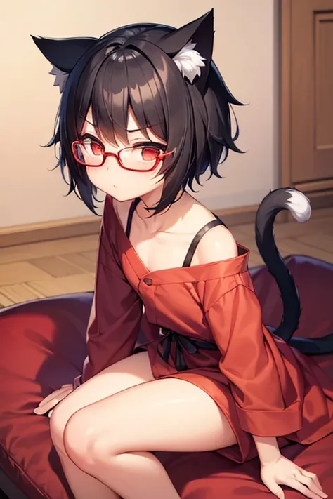 short stature,flat chest,Black Hair,short hair,Glasses, Cat ears,Cat tail,is embarrassing,blush,cute,Red Eye,living,sofa,Best Quality, masterpiece,  High image quality,  high resolution on down,  anatomically correct, accurate, solo, Yukata