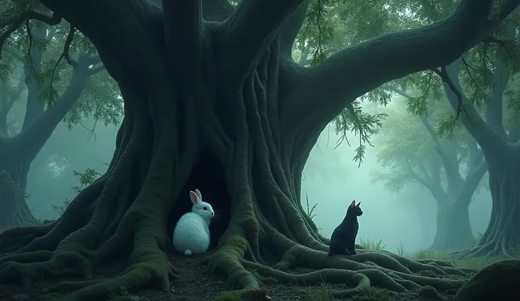 A white cute rabbit hide big banyan tree  horror forest behind big devil black cat 