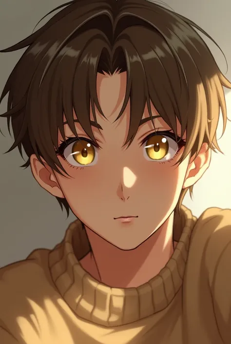  mens light brown hair,  Yellow Eyes ,  light brown hair sweater , short fringes in the hair , 