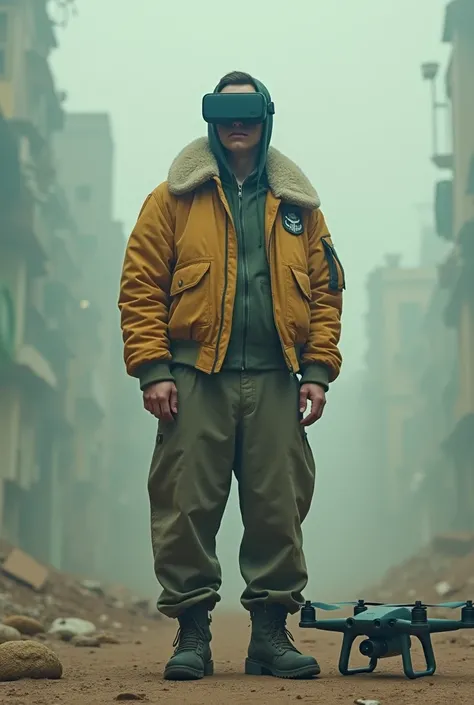 full body image, (ultra detailed,ultra high resolution,detailed background),((2d)),((flat color)),((dull color)), 1solo leaving the fog:1.5, looking at the viewer, baggy flight suit, oversized bomber jacket with sheepskin collar, (yellow, violet, cian, gre...