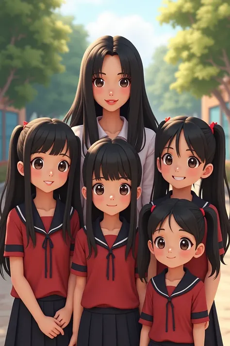 6 people, 5 young beautiful Indonesian girls, long hair in pigtails, wearing elementary school uniforms with 1 beautiful young Indonesian girl, long black hair, wearing a teachers uniform, school in the foreground