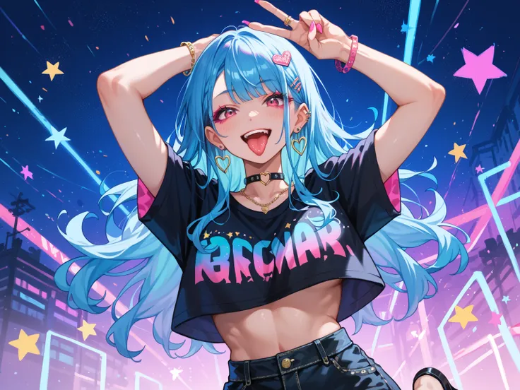  Generate an anime girl Gyaru, blue hair with pink tips ,  without clothes,  illuminated night background , black sandals,  with arms raised above the head, Making the peace sign with your hands , in,  sticking out her tongue 