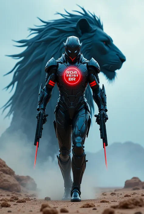 Image of a black lion forms a male human walking standing, wearing black futured armor with vermilion details , with a rounded red shield of the future on his chest written the acronym RDA REIS BR in bold white on the chest shield, walking in a desert of t...