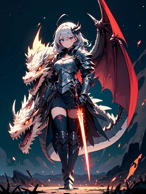 (masterpiece), (best quality), (high uqality), (8k), girl, (full-body), dragon armor, intricate details, red glow, short shilver hair, back messy hair, detailed hair strands, light blue eyes, dominance expression, walking in lesser caotic place as she rule...