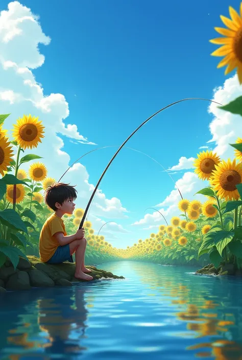  A sunflower 
With a blue sky, What fishing done by an  boy 

