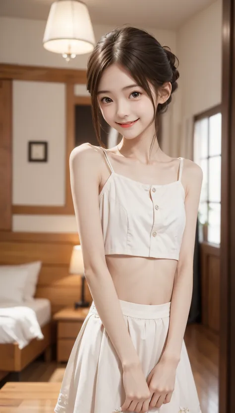 maid,cute pretty girl,masterpiece,high definition,4k,8k,16k,chignon hair,brown hair,skinny,thin body,smile