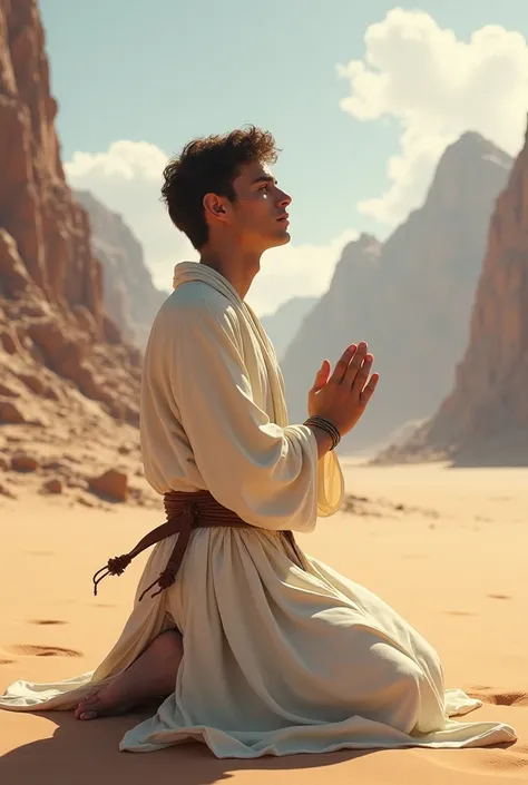  A young man in a white dress with a leather belt around his back, kneeling praying in the middle of the desert filled with tall mountains , 