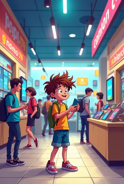 Boy buying a phone in a store cartoon