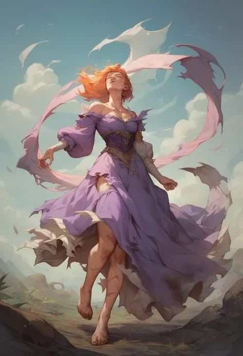 Long bob hairstyle,Eyes always closed,Purple long poofy sleeves dress ripped hem,Dirty,Barefoot,Scar across neck,Scar across left arm,(Aliza)