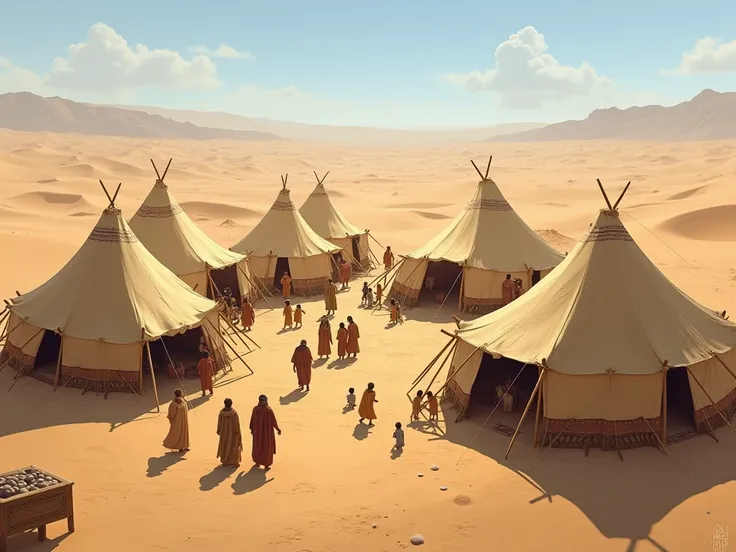 Tents from the time of Abram ,  in the desert with people wearing tunics 