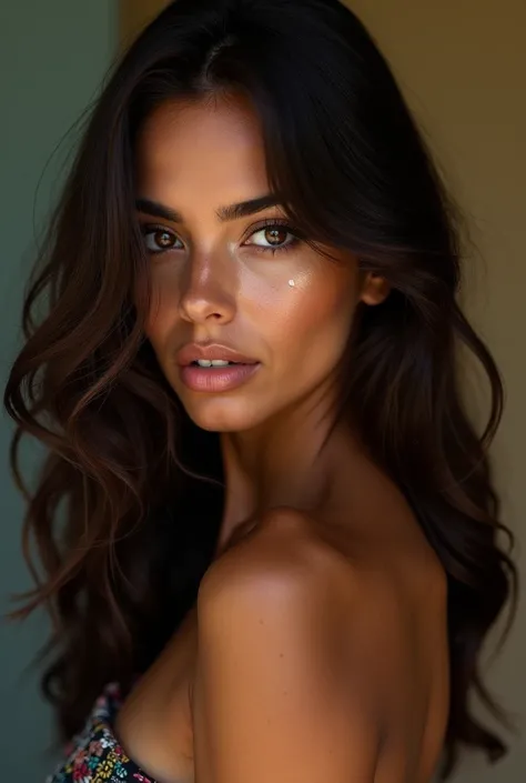  A woman who has a striking and natural beauty ,  with features that reflect her Brazilian origin and her intense personality .  Her hair is long ,  slightly wavy and dark brown that shines under light .  Her eyes are light brown , almost hypnotizing,  wit...