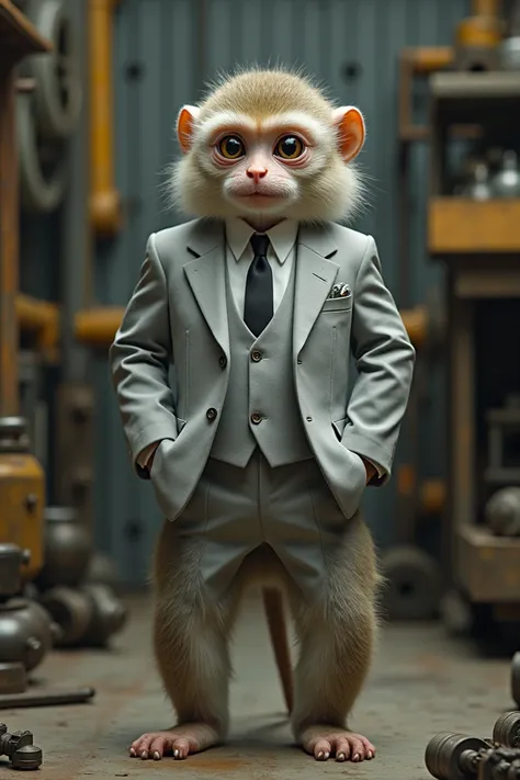 A marmoset monkey with a full-bodied human body dressed in a light gray suit in the background, an industrial workshop with large parts and tools. 