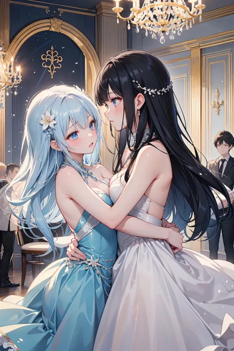 in a ballroom with sparkling chandeliers、一位黑色长发 blue eyes 的少女出现.、 invite another girl to dance 。
The two girls are sisters 。
 Two girls are attracted to each other 。  Both girls have long black hair ， blue eyes 。
 They are all gorgeous brides ，Jewels spark...