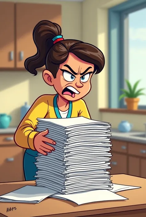 cartoon of a mother putting a pile of dozens of papers on the table, expression of anger