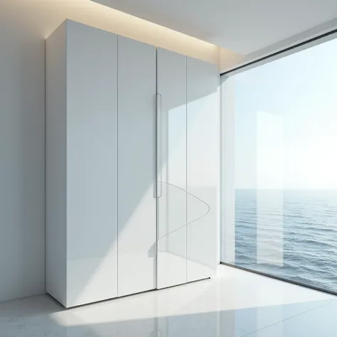 a modern white wardrobe from ZARA FASHION for men  , Facing the sea ,  The design is strongly influenced by the aesthetics of Monica de Zaha Hadid  ,  The environment must be contemporary  .
