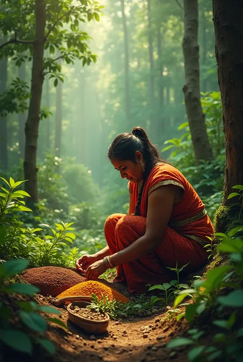 A kerala women cooking with wild spices in wild 