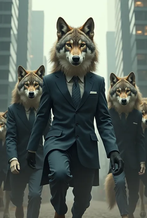  I want an image of an alpha wolf, two beta wolves ,  and 3 omega wolves , with health insurance uniforms, Make it look like an action movie
