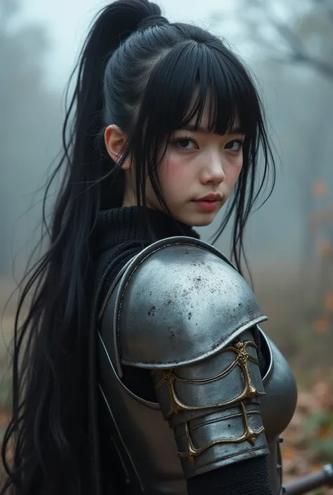 An extremely beautiful black-haired eighteen-year-old rider in gray sword and shield armor sexualizing 