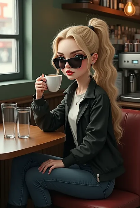 ClaireFoyy old black sunglasses, white textured skin, with very long wave natural blonde hair, retangular head, green natural eyes, soapy eyebrows, lip gloss on thin lips, shine skin. is sitting in a coffee shop, holding a cup of coffee in one hand. She is...