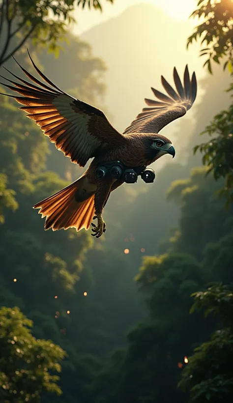 A majestic falcon wearing a lightweight camera and tracking device on its chest, soaring over a dense forest during a covert military mission."