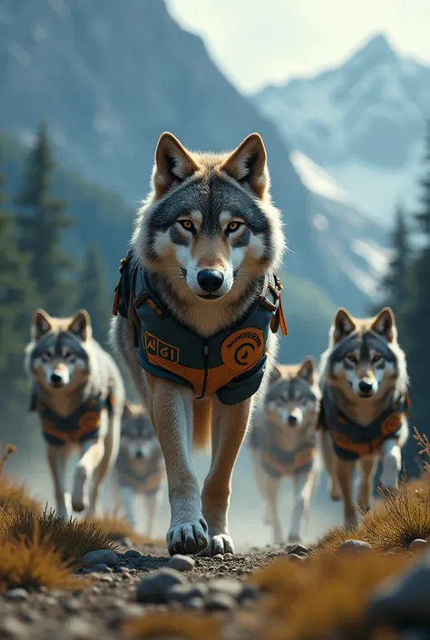  I want an image of an alpha wolf, two beta wolves ,  and 3 omega wolves , with health insurance uniforms, Make it look like an action movie, Let the main wolf be a wolf
