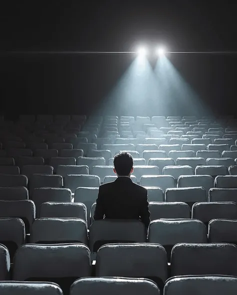 This image, but instead of being in the middle of some graves, being in the seats of an auditorium at night