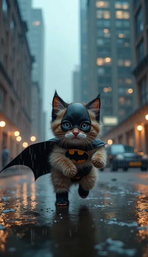 Ultra-detailed (a cute kitten wearing a Bataman outfit and playing in a dark, rainy city), hyper-realistic cinematic lighting, 4k.